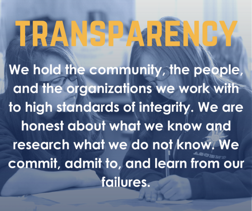 Transparency: We hold the community, the people, and the organizations we work with to high standards of integrity. We are honest about what we know and research what we do not know. We commit, admit to, and learn from our failures.